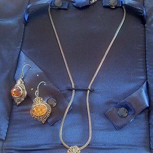 Vintage Stauer Sterling Amber Pendant and Earring Set Never Worn in Original Box